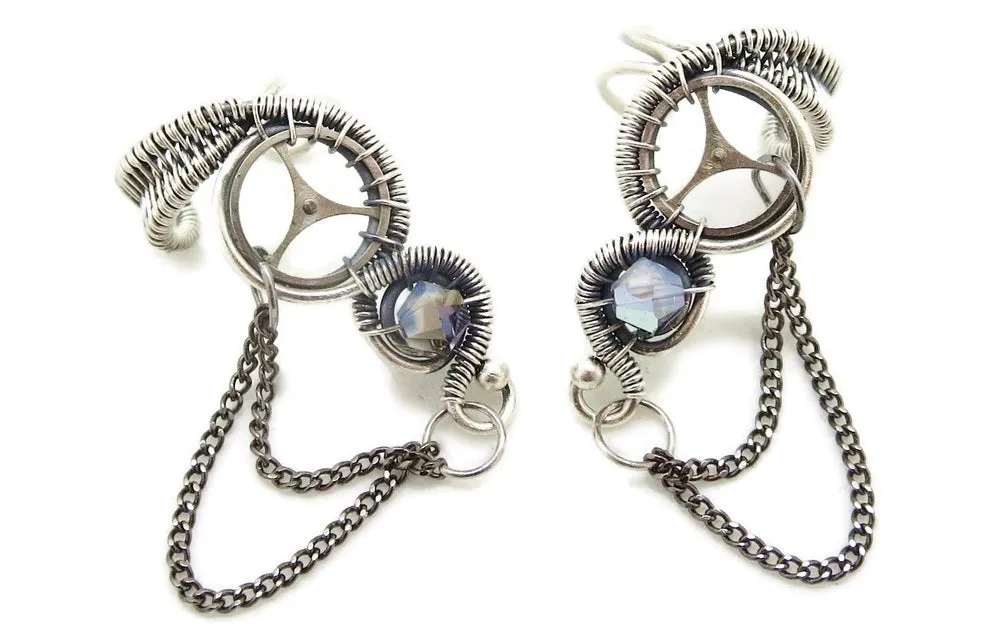 Sterling Silver Steampunk Ear Cuffs with Chain and Swarovski Crystal