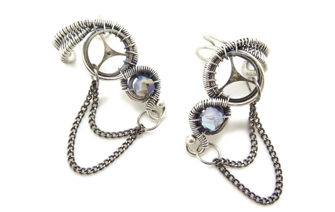 Sterling Silver Steampunk Ear Cuffs with Chain and Swarovski Crystal