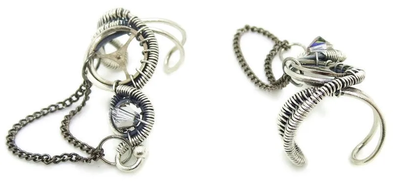 Sterling Silver Steampunk Ear Cuffs with Chain and Swarovski Crystal