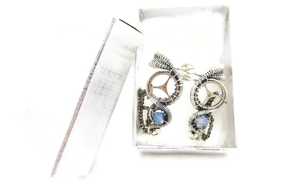 Sterling Silver Steampunk Ear Cuffs with Chain and Swarovski Crystal