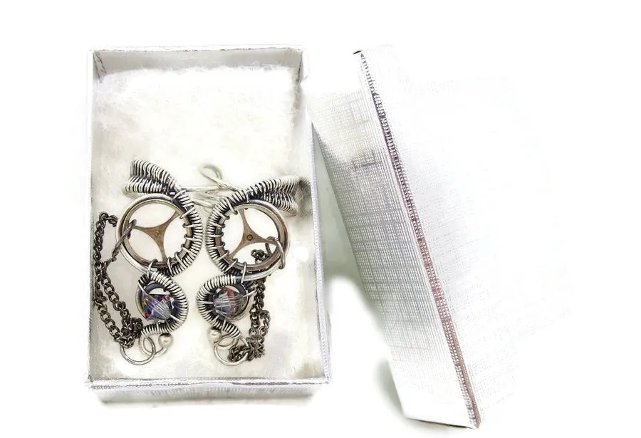 Sterling Silver Steampunk Ear Cuffs with Chain and Swarovski Crystal