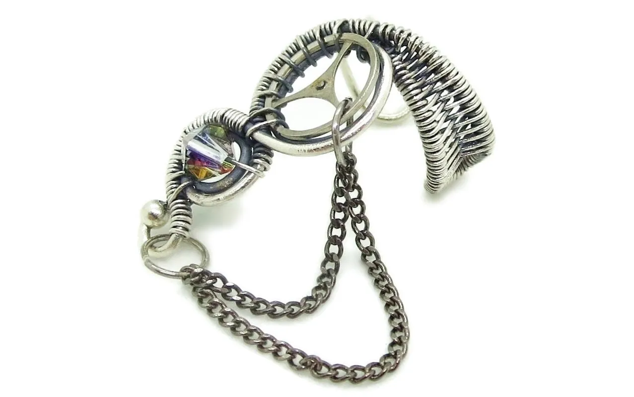 Sterling Silver Steampunk Ear Cuffs with Chain and Swarovski Crystal