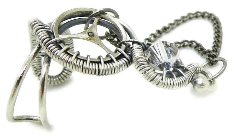 Sterling Silver Steampunk Ear Cuffs with Chain and Swarovski Crystal