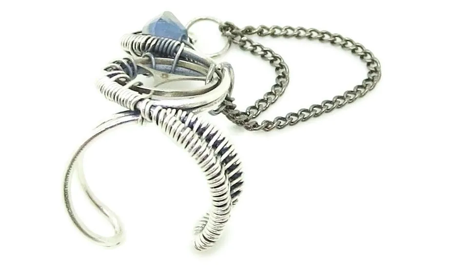 Sterling Silver Steampunk Ear Cuffs with Chain and Swarovski Crystal
