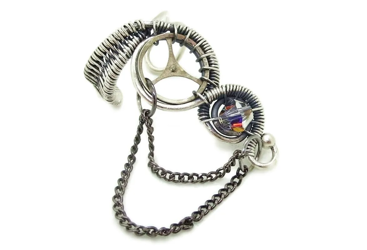 Sterling Silver Steampunk Ear Cuffs with Chain and Swarovski Crystal