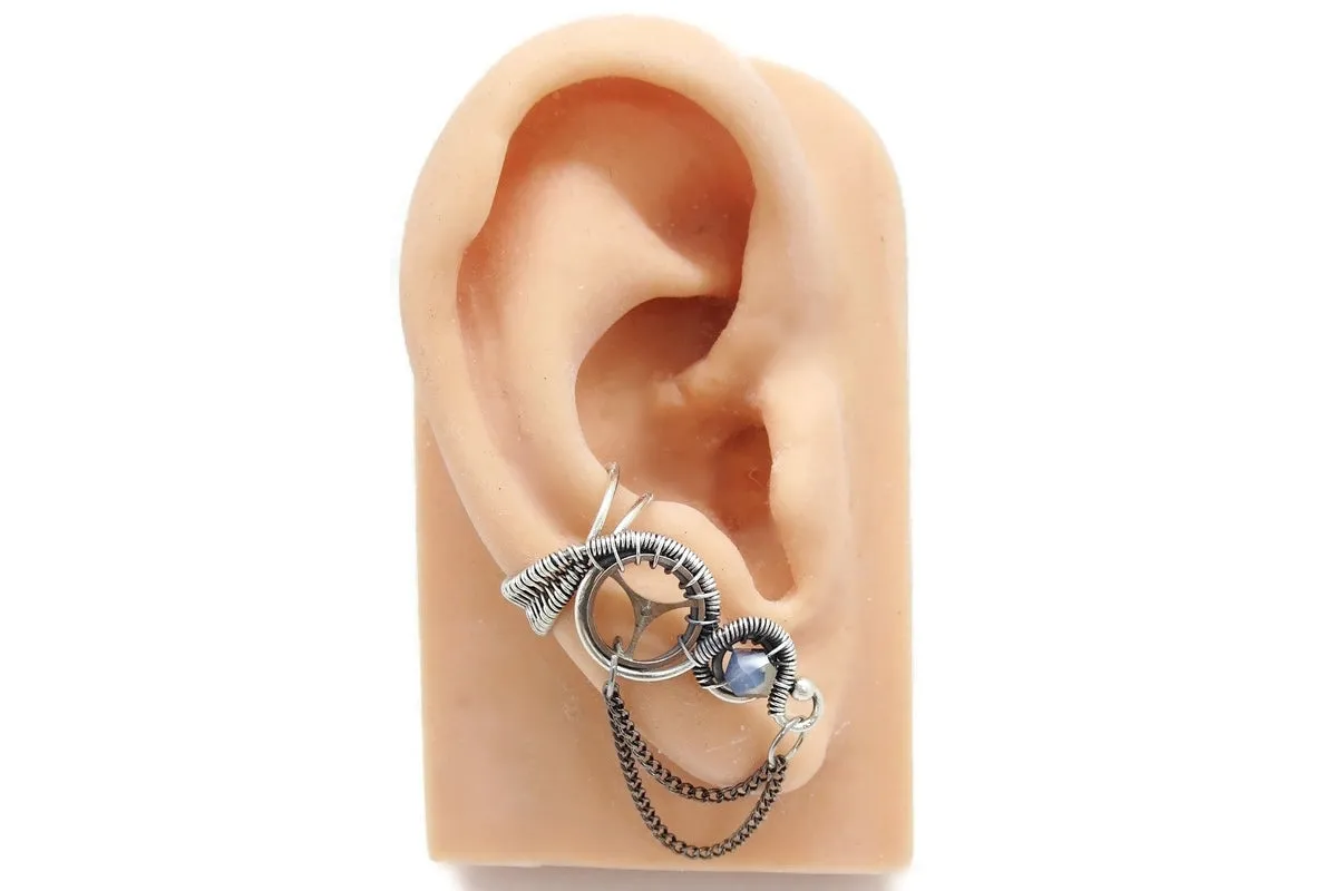 Sterling Silver Steampunk Ear Cuffs with Chain and Swarovski Crystal