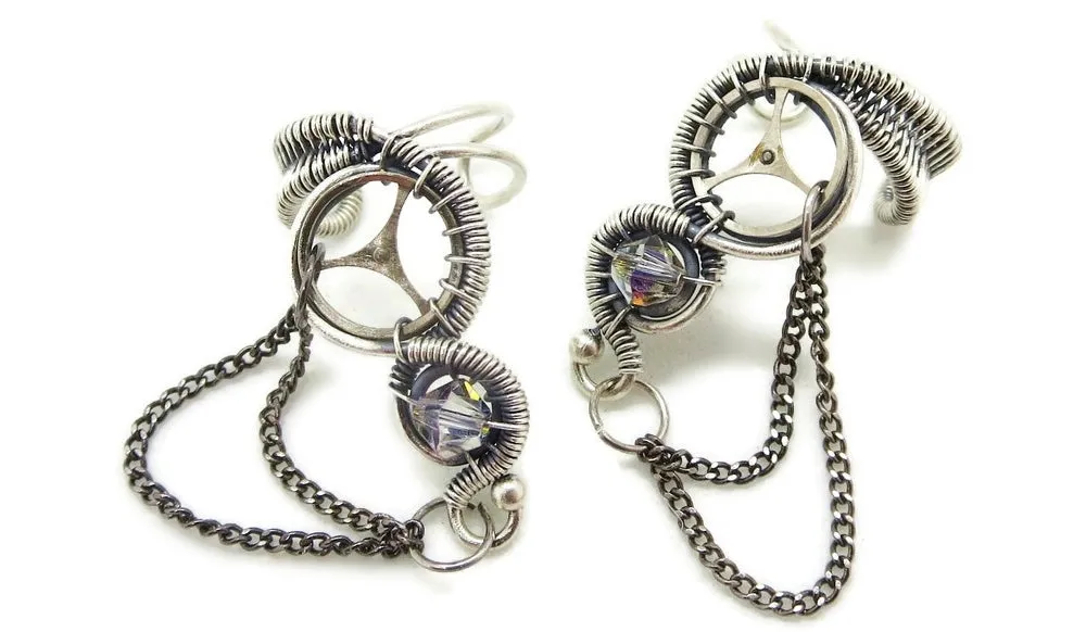Sterling Silver Steampunk Ear Cuffs with Chain and Swarovski Crystal