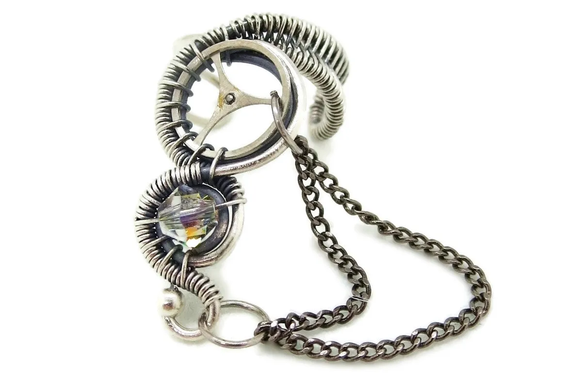 Sterling Silver Steampunk Ear Cuffs with Chain and Swarovski Crystal