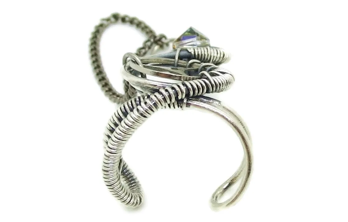 Sterling Silver Steampunk Ear Cuffs with Chain and Swarovski Crystal