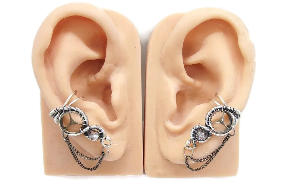 Sterling Silver Steampunk Ear Cuffs with Chain and Swarovski Crystal