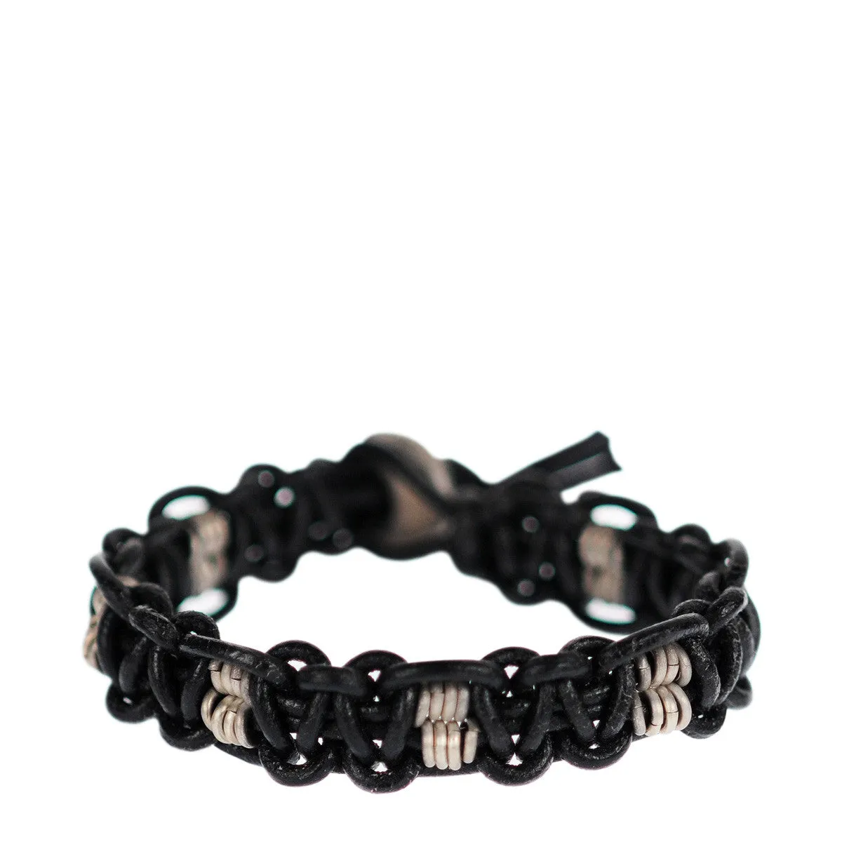 Sterling Silver Woven Black Leather Bracelet with Button
