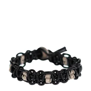 Sterling Silver Woven Black Leather Bracelet with Button