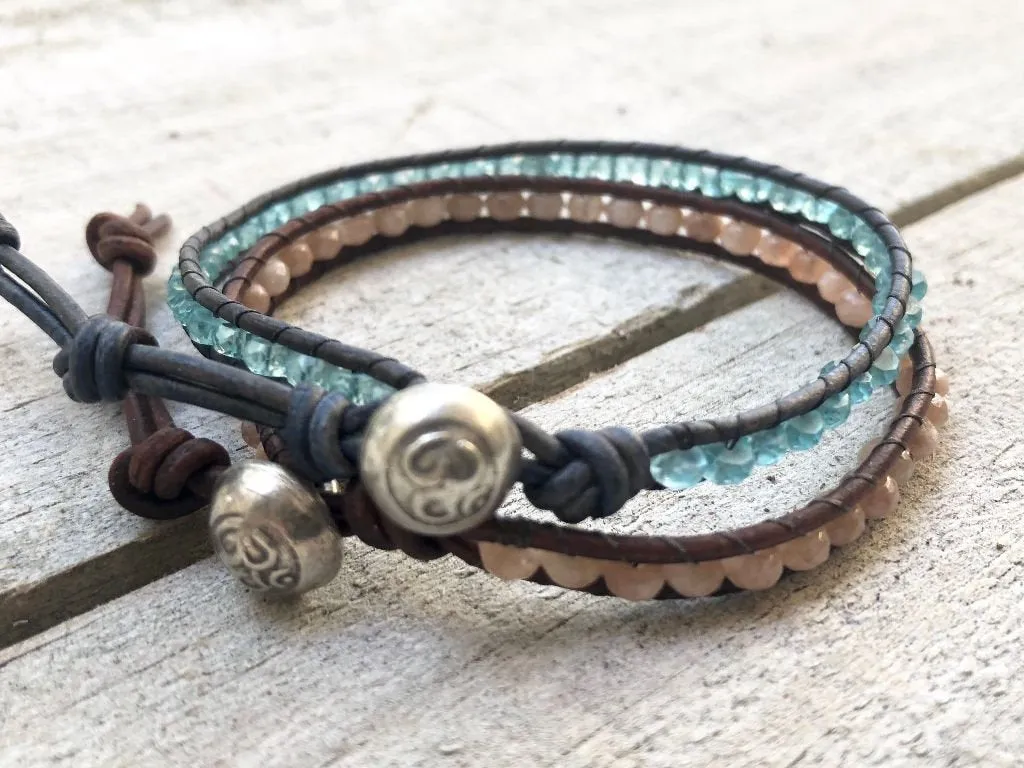 Sunstone Jewelry - Sunstone Bracelet - Sunstone Leather Wrap - Sunstone Wrap Bracelet - Sunstone Leather Bracelet - Om Button