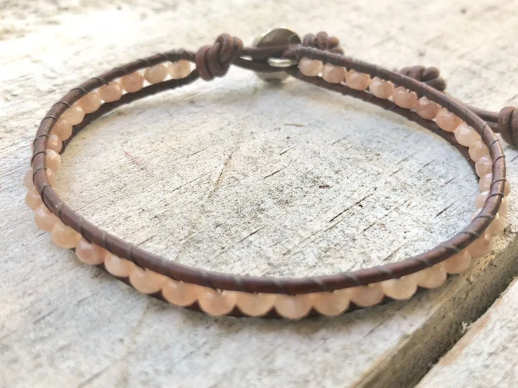 Sunstone Jewelry - Sunstone Bracelet - Sunstone Leather Wrap - Sunstone Wrap Bracelet - Sunstone Leather Bracelet - Om Button