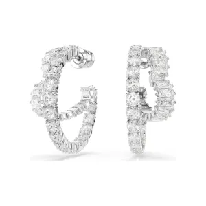 Swarovski Matrix Hoop Earrings, Rhodium Plated Metal and White Crystals, 5705748