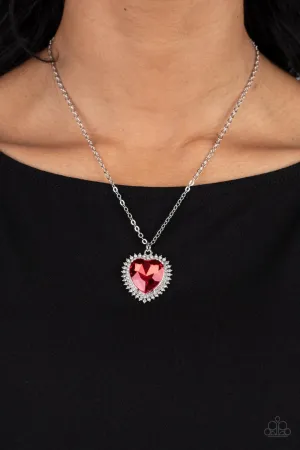 Sweethearts Stroll - Red - Oversized Heart Gem White Rhinestone Halo Paparazzi Short Necklace