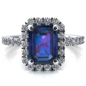 Talia Emerald Alexandrite 4 Prong Halo 5/8 Micropave Engagement Ring