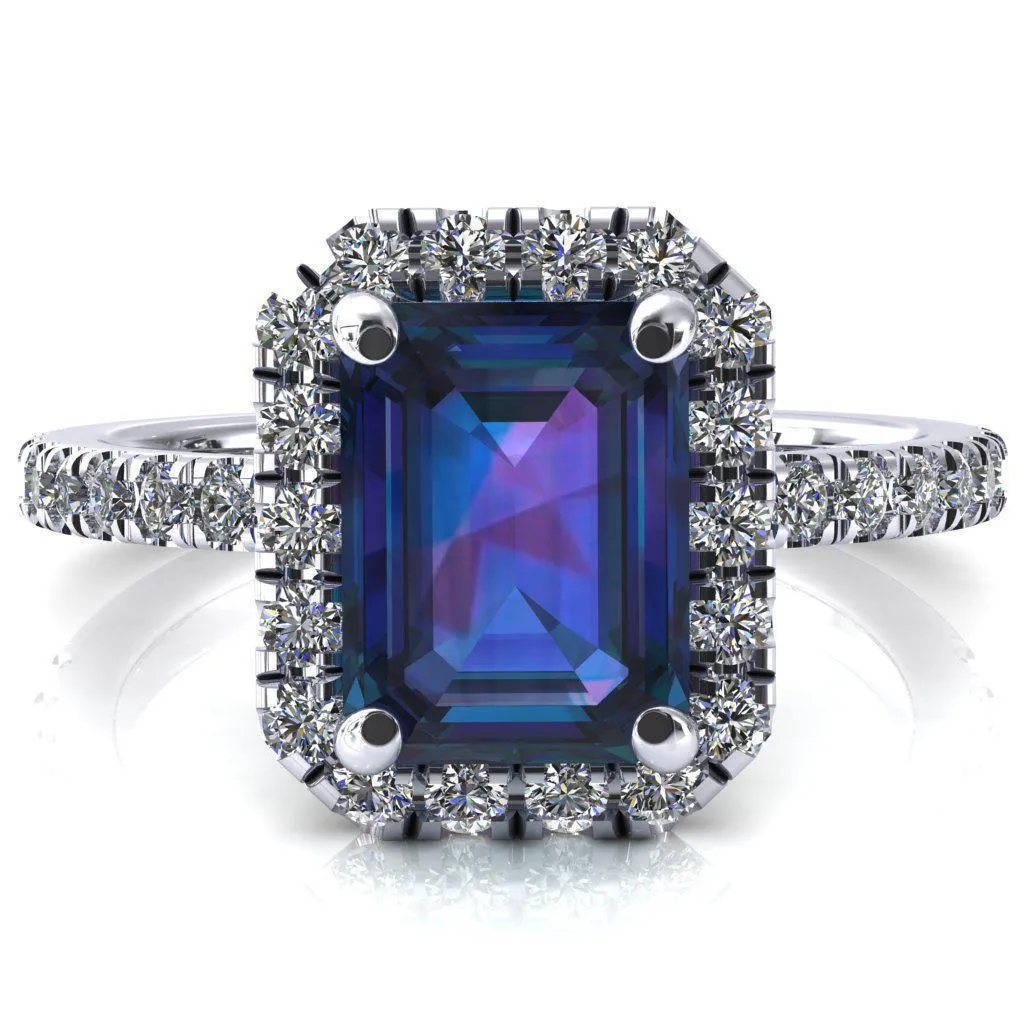 Talia Emerald Alexandrite 4 Prong Halo 5/8 Micropave Engagement Ring