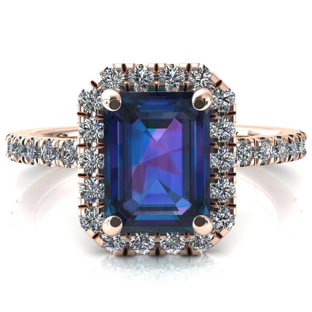 Talia Emerald Alexandrite 4 Prong Halo 5/8 Micropave Engagement Ring