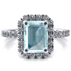 Talia Emerald Aqua Blue Spinel 4 Prong Halo 5/8 Micropave Engagement Ring