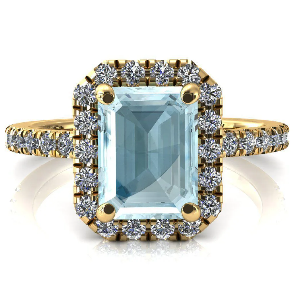 Talia Emerald Aqua Blue Spinel 4 Prong Halo 5/8 Micropave Engagement Ring