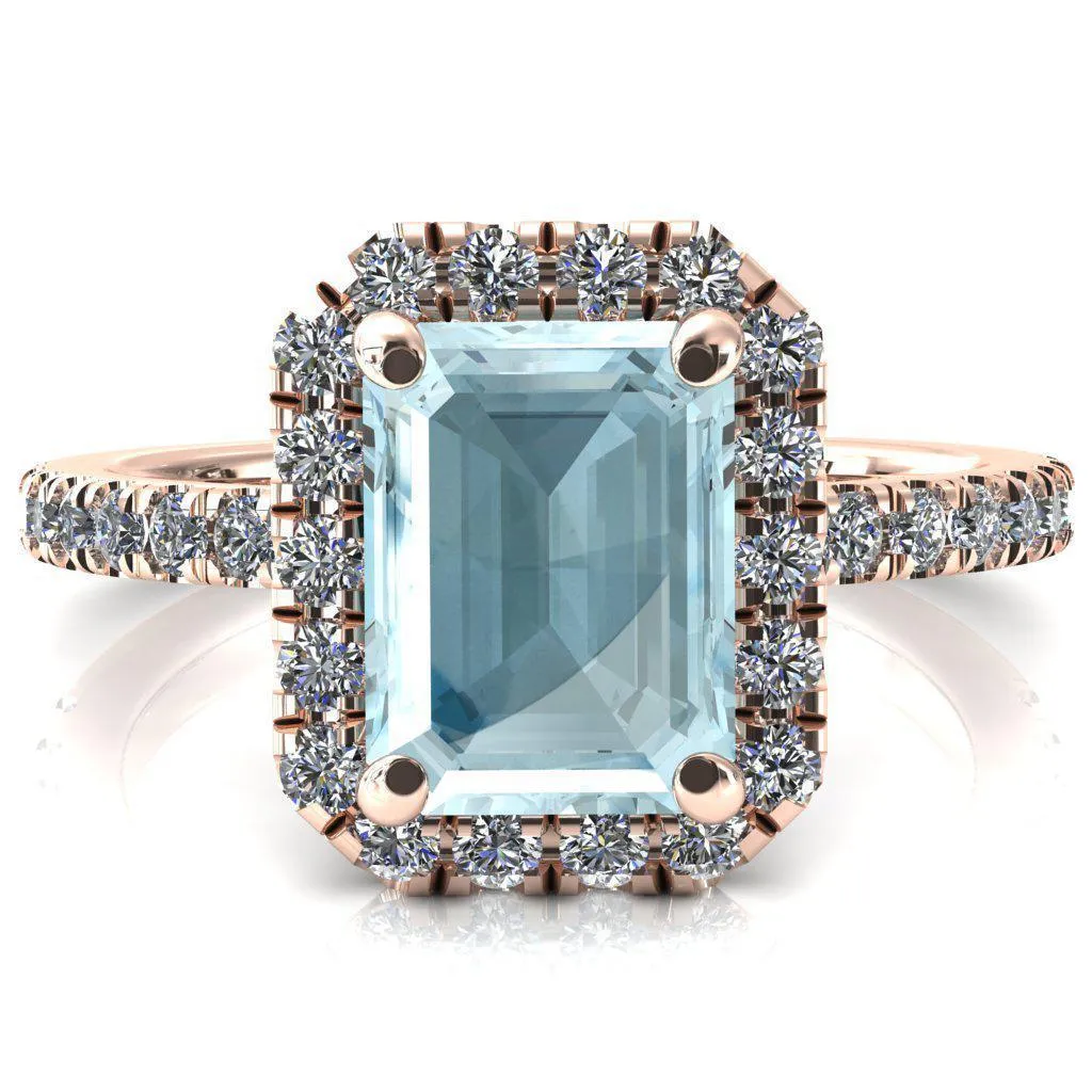 Talia Emerald Aqua Blue Spinel 4 Prong Halo 5/8 Micropave Engagement Ring