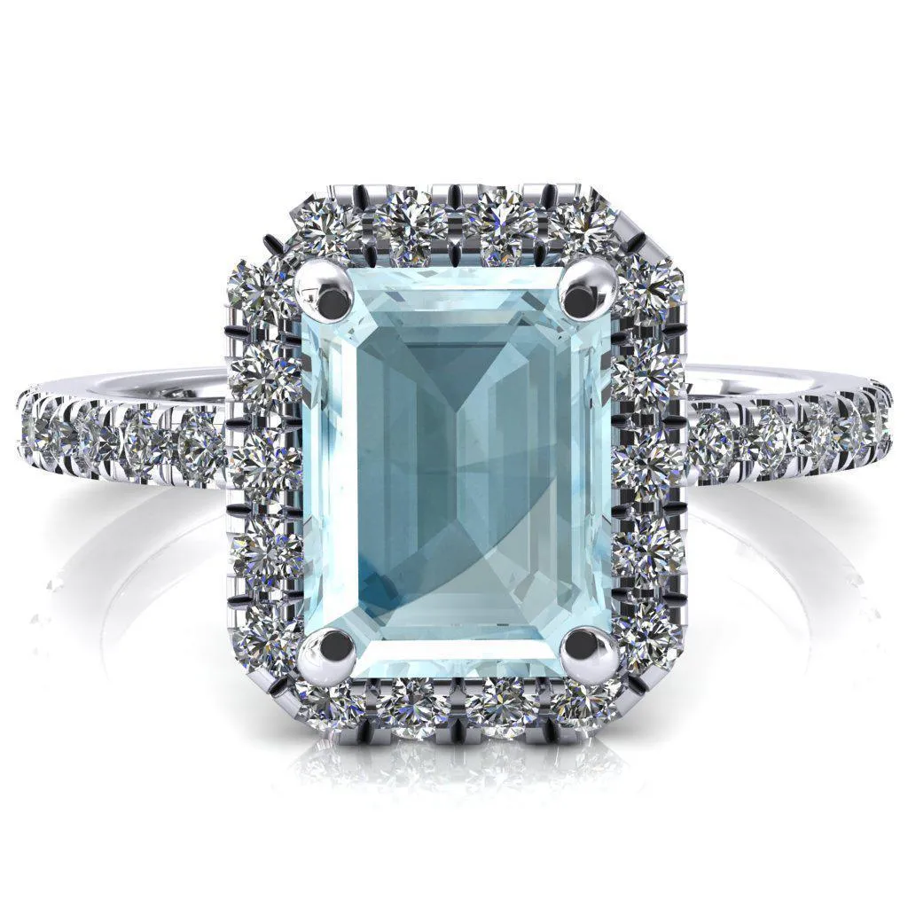 Talia Emerald Aqua Blue Spinel 4 Prong Halo 5/8 Micropave Engagement Ring