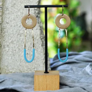 Tan Circles with Brass and Sky Blue Earrings