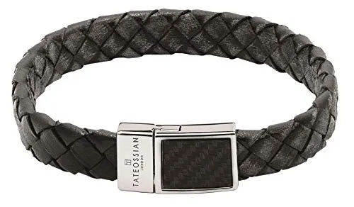 Tateossian Rhodium and Carbon Fibre Leather Grey Bracelet