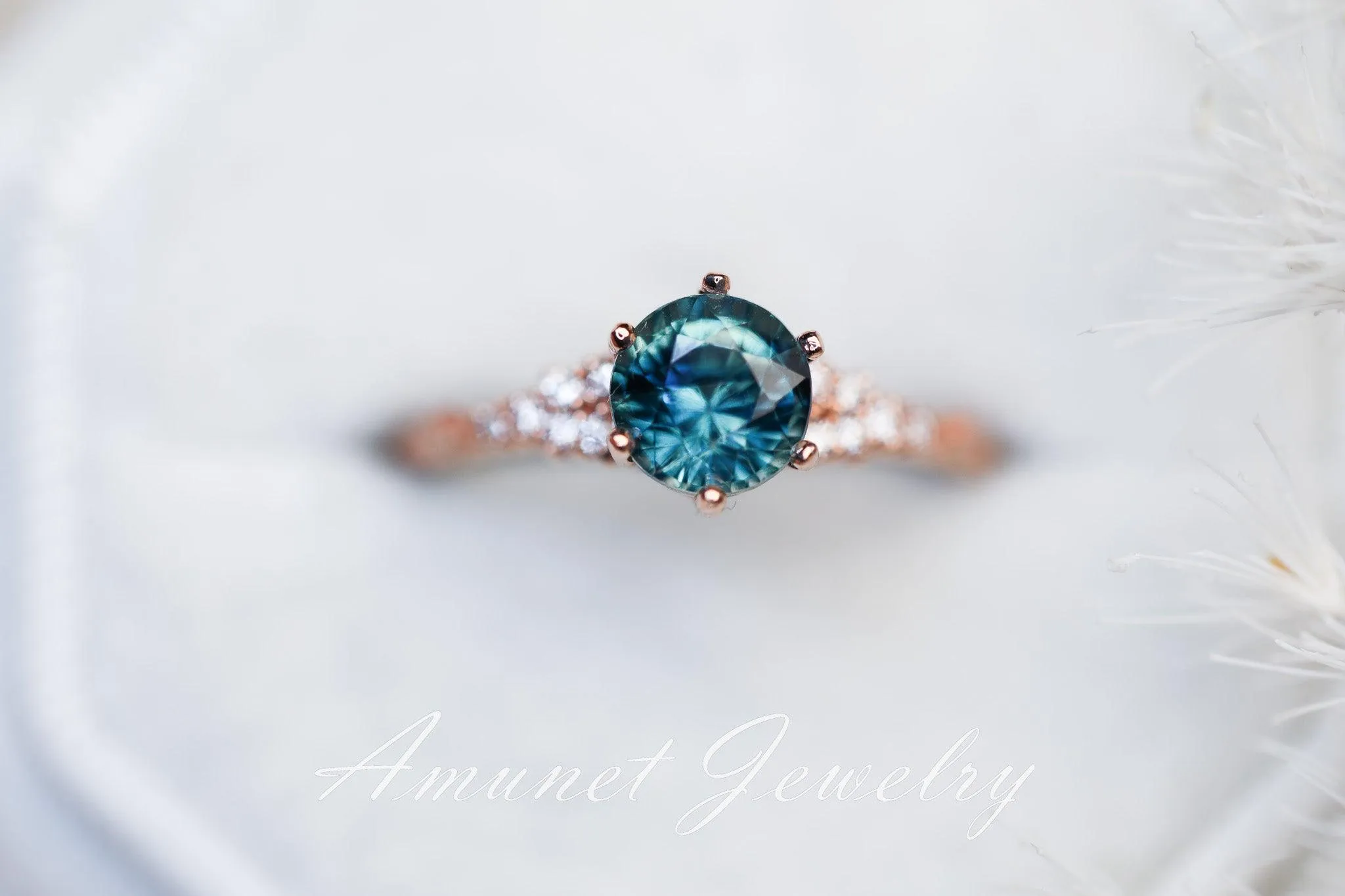 Teal Sapphire ring,sapphire engagement ring,peacock sapphire cluster ring,unique ring.