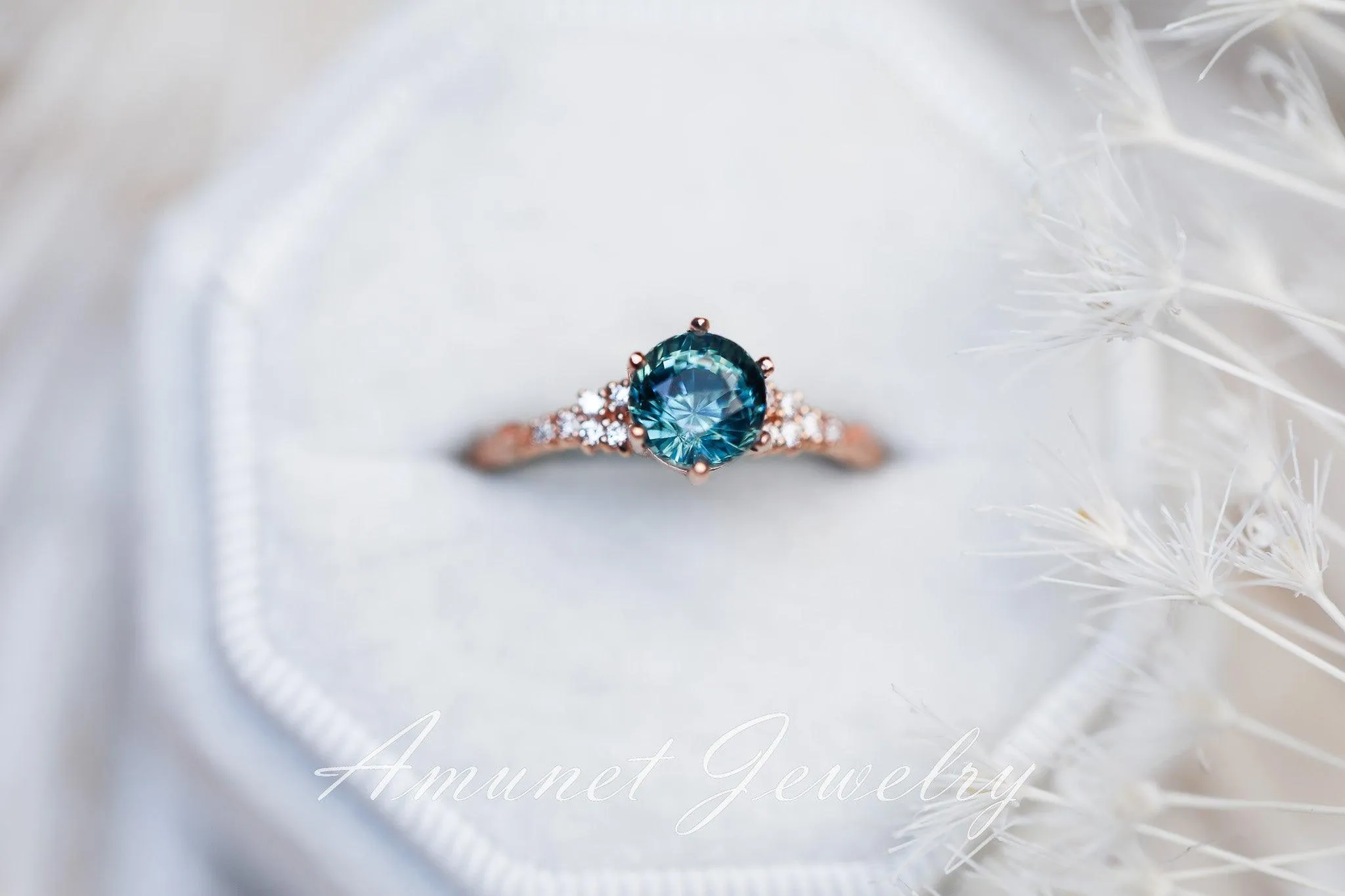 Teal Sapphire ring,sapphire engagement ring,peacock sapphire cluster ring,unique ring.