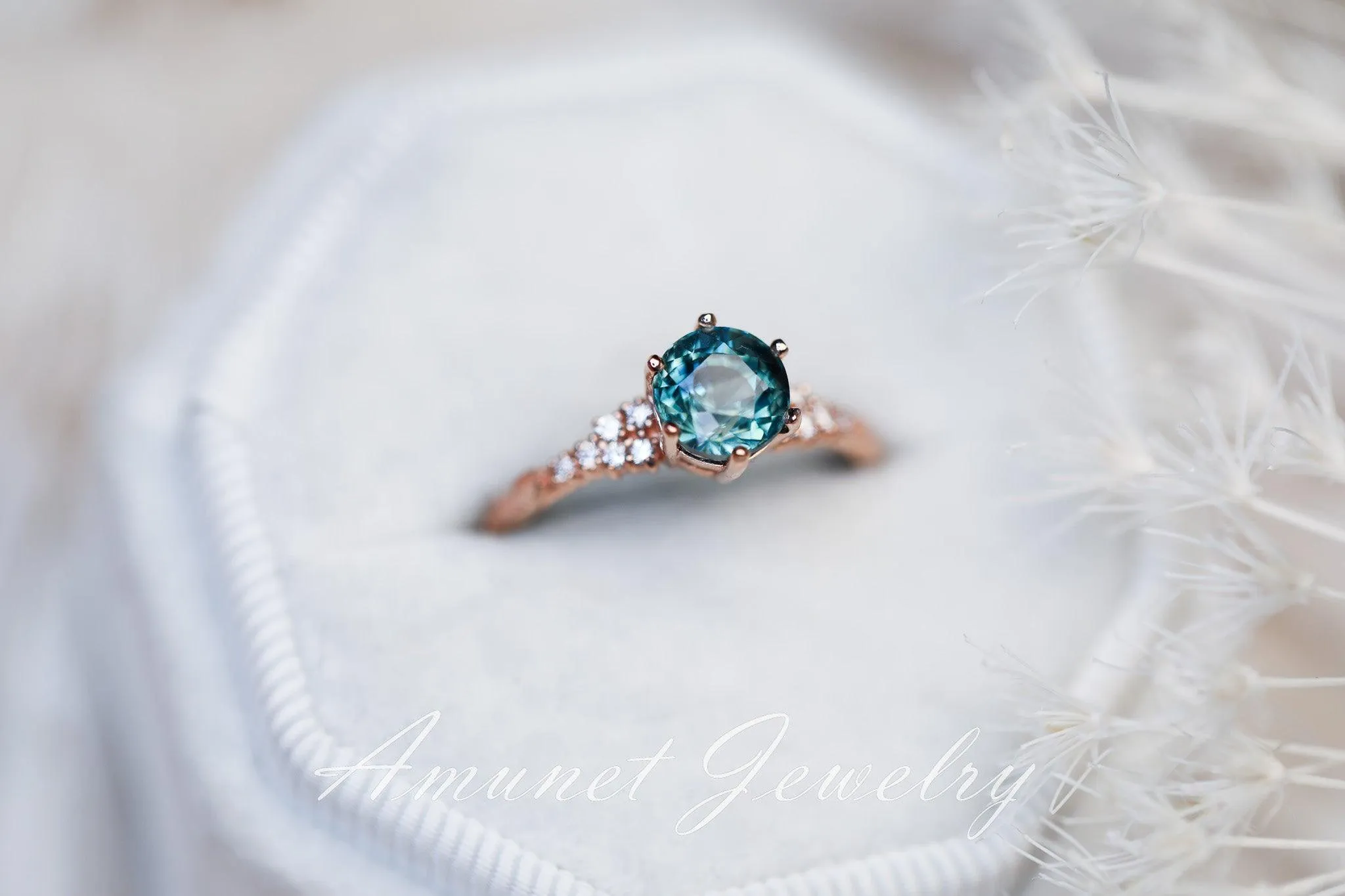Teal Sapphire ring,sapphire engagement ring,peacock sapphire cluster ring,unique ring.