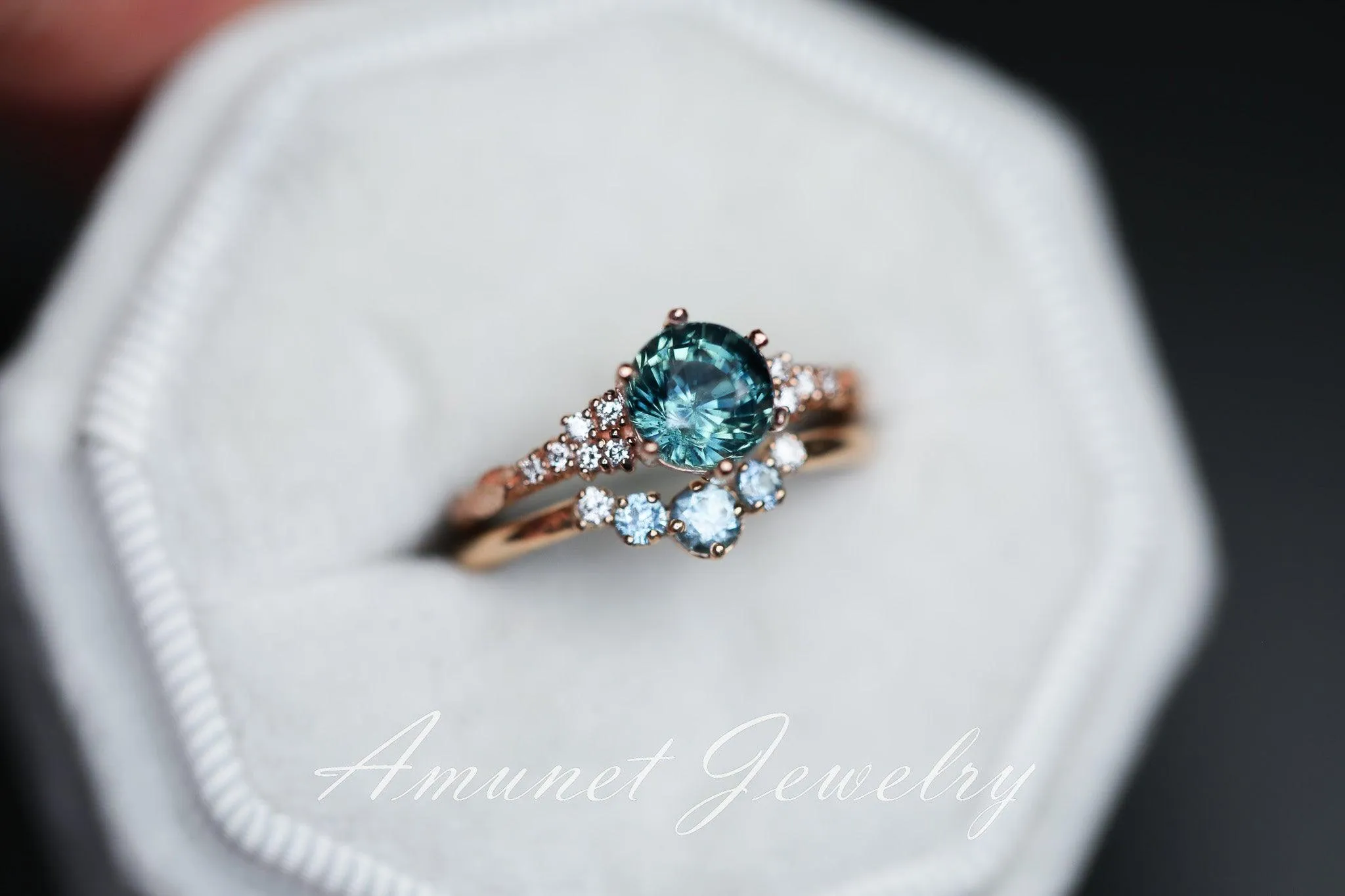 Teal Sapphire ring,sapphire engagement ring,peacock sapphire cluster ring,unique ring.
