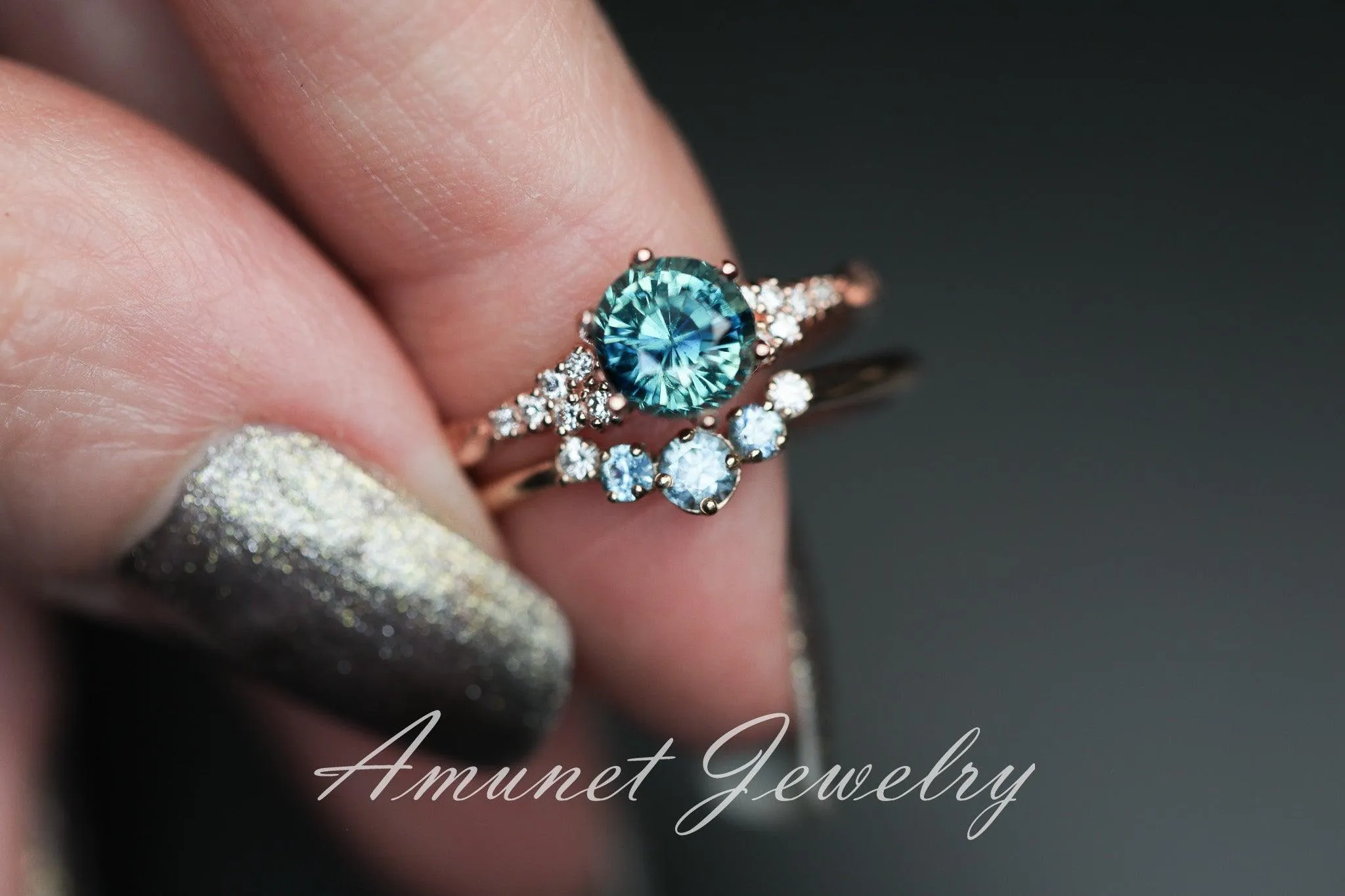 Teal Sapphire ring,sapphire engagement ring,peacock sapphire cluster ring,unique ring.