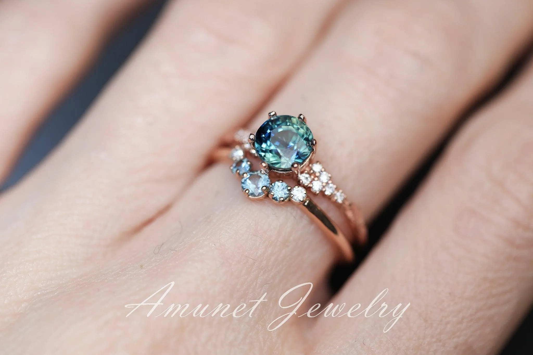 Teal Sapphire ring,sapphire engagement ring,peacock sapphire cluster ring,unique ring.