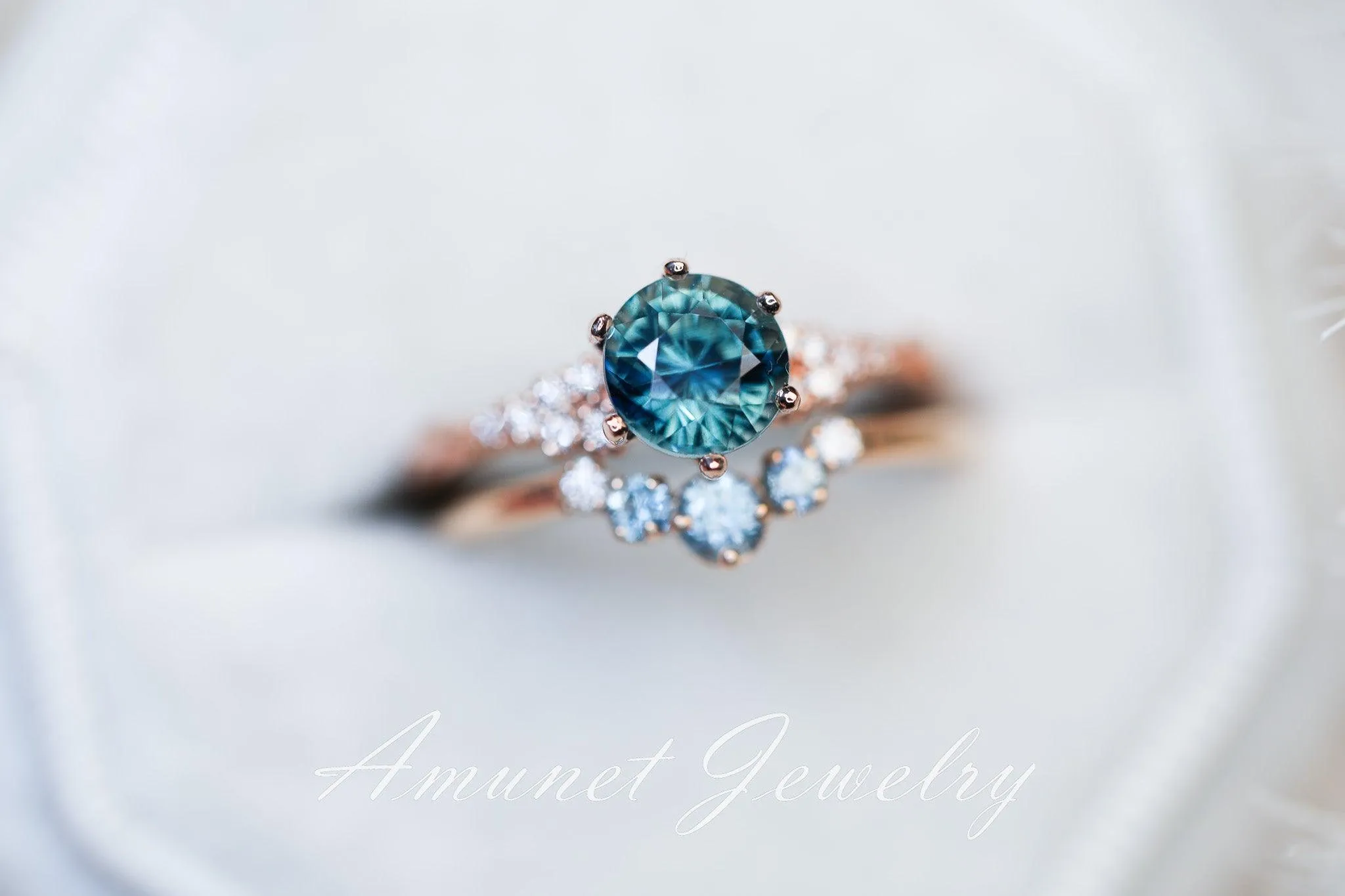 Teal Sapphire ring,sapphire engagement ring,peacock sapphire cluster ring,unique ring.