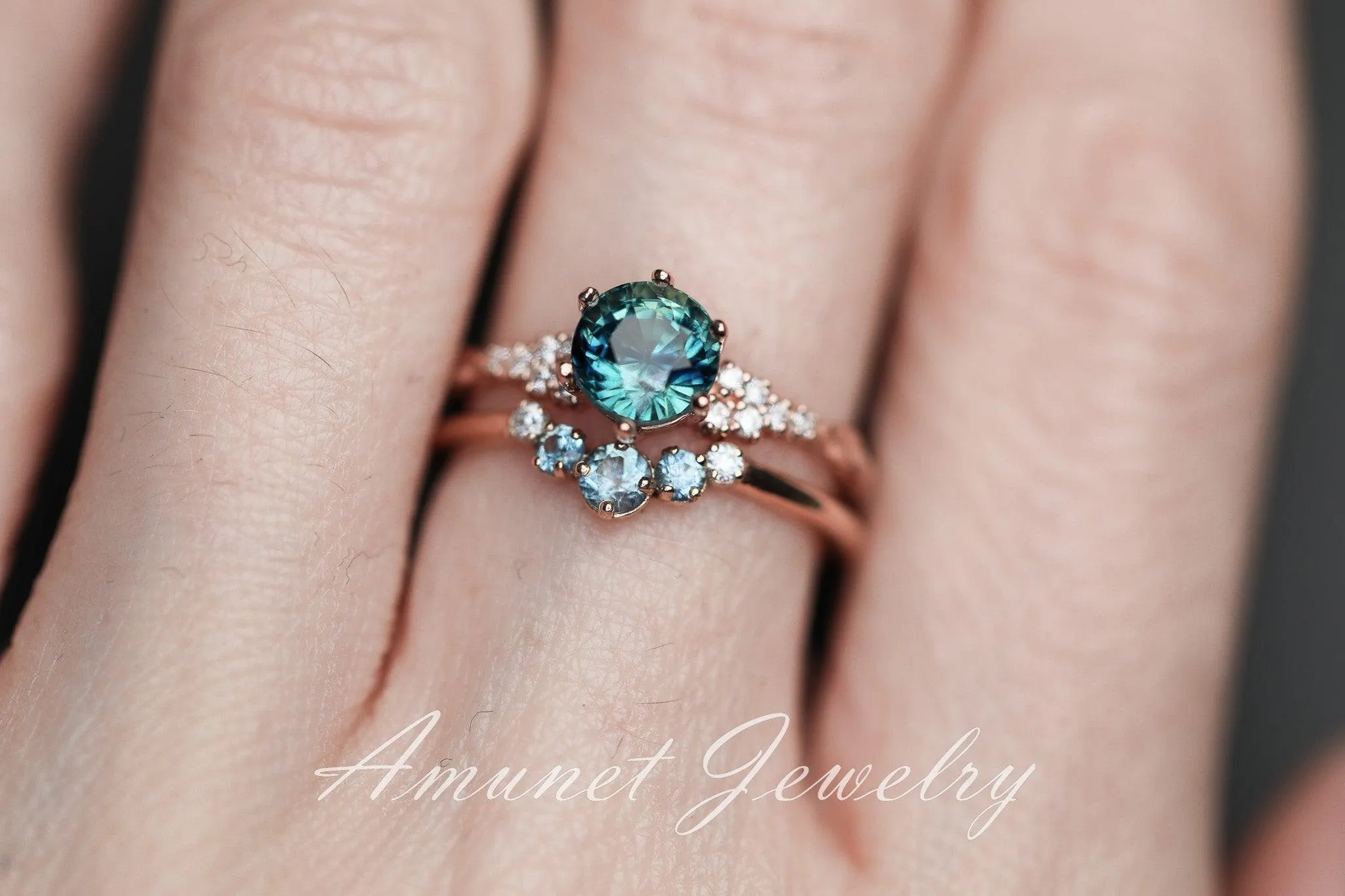 Teal Sapphire ring,sapphire engagement ring,peacock sapphire cluster ring,unique ring.