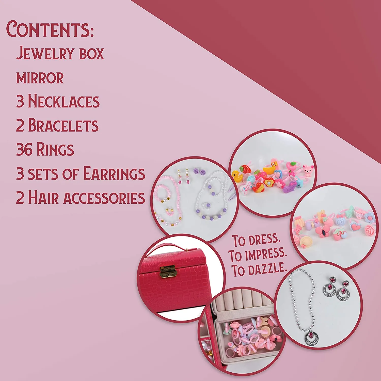 test-DRESS 2 PLAY Princess Jewelry Box for Girls Pretend Play and Dress Up Little Girls 34 Piece Jewelry Set and Accessories Playset with Jewelry Box, Rings, Bracelets, Necklaces, and More