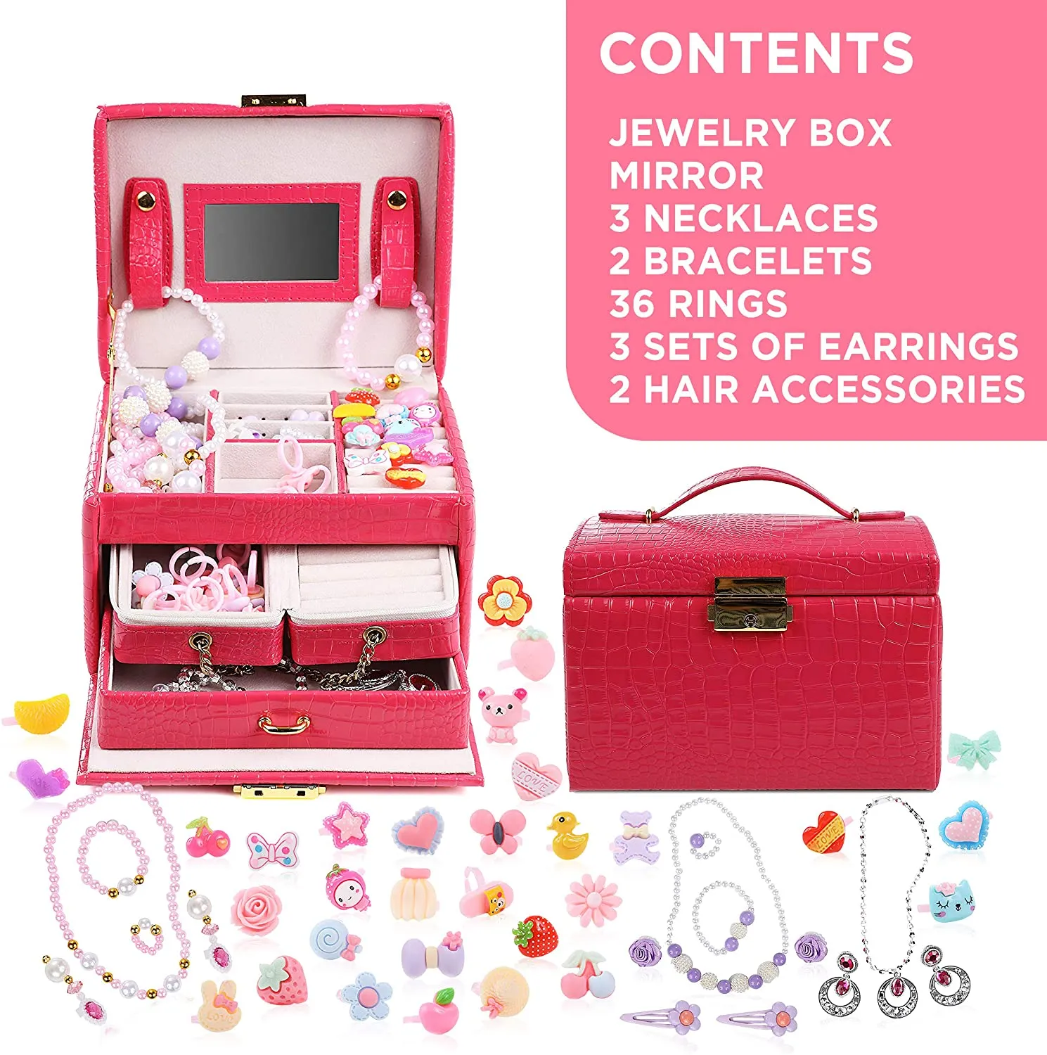 test-DRESS 2 PLAY Princess Jewelry Box for Girls Pretend Play and Dress Up Little Girls 34 Piece Jewelry Set and Accessories Playset with Jewelry Box, Rings, Bracelets, Necklaces, and More