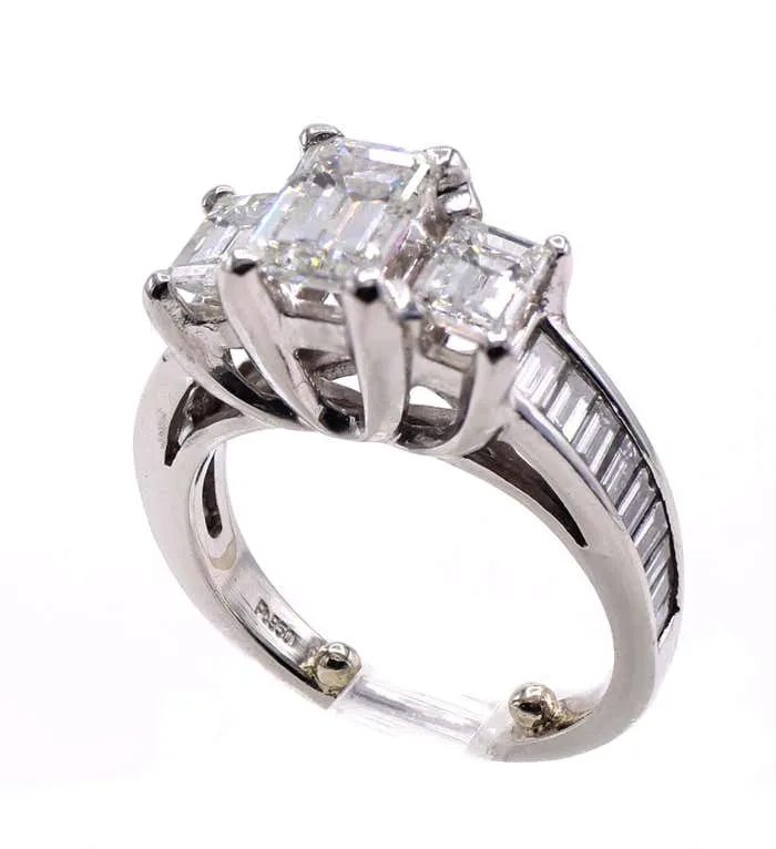 Three Stone Emerald Cut Diamond Platinum Engagement Ring