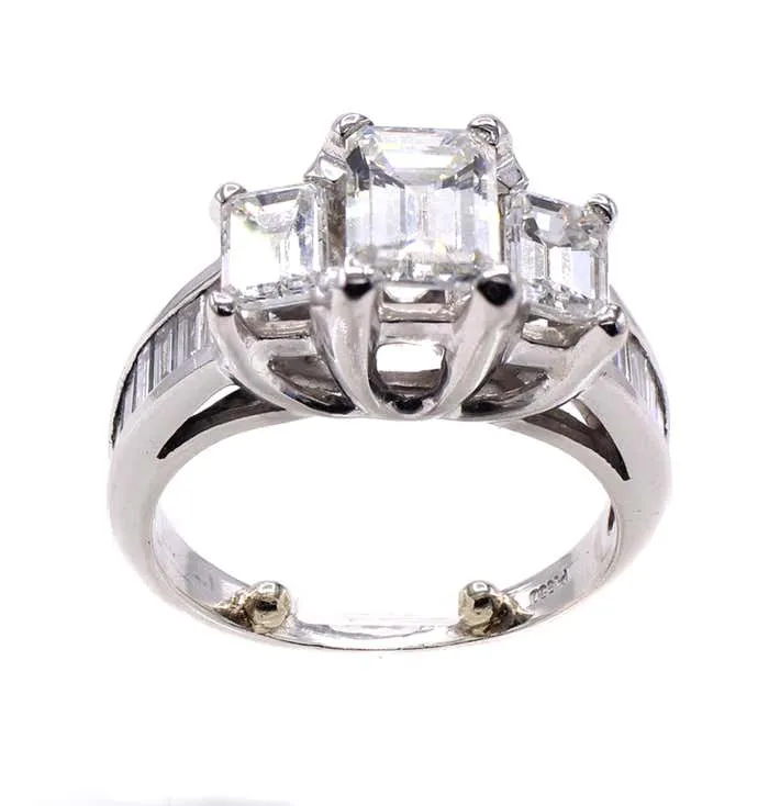 Three Stone Emerald Cut Diamond Platinum Engagement Ring