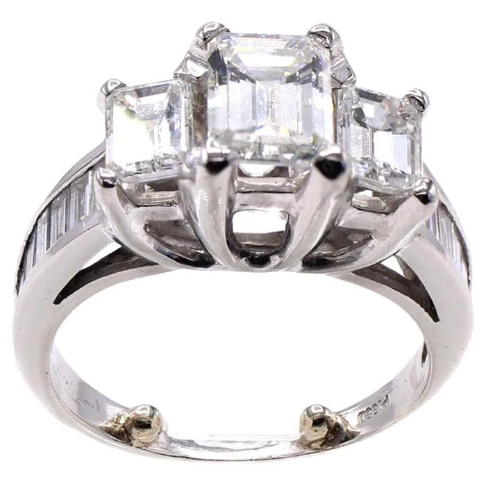 Three Stone Emerald Cut Diamond Platinum Engagement Ring