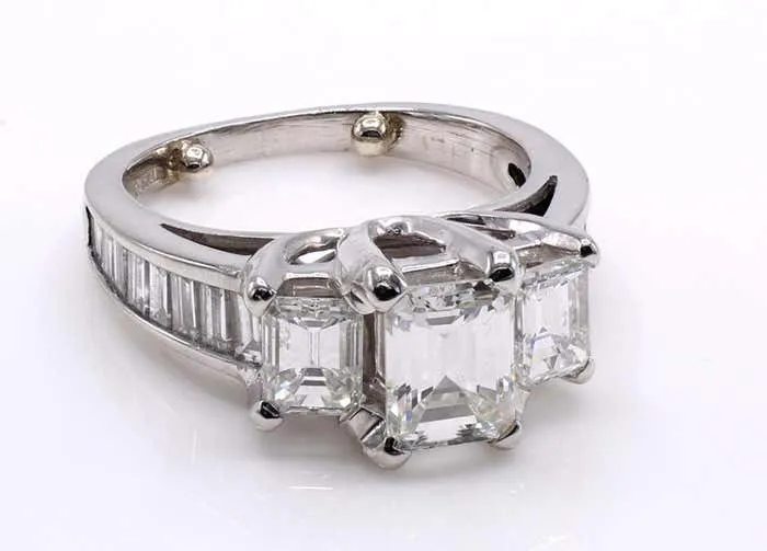 Three Stone Emerald Cut Diamond Platinum Engagement Ring