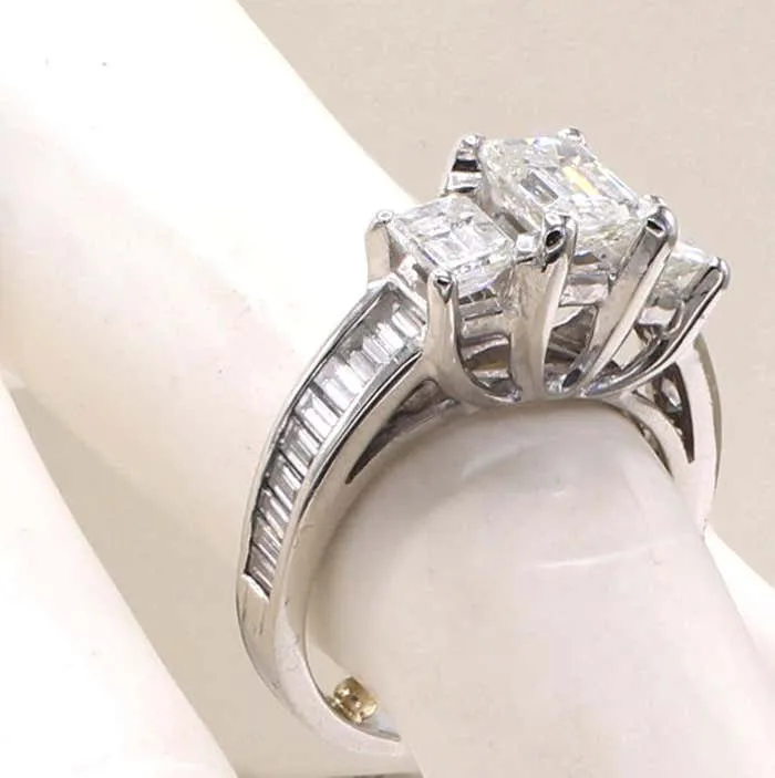 Three Stone Emerald Cut Diamond Platinum Engagement Ring