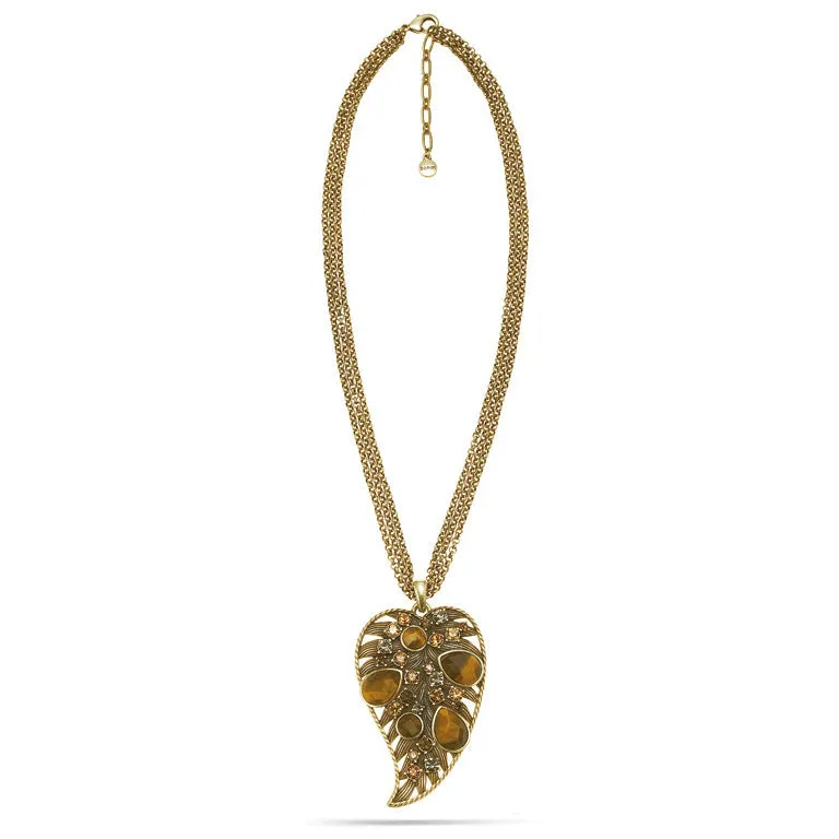 TIGER'S EYE STONE AND CRYSTAL LEAF PENDANT NECKLACES #306BR1501 (5E5/3D1/5F8)