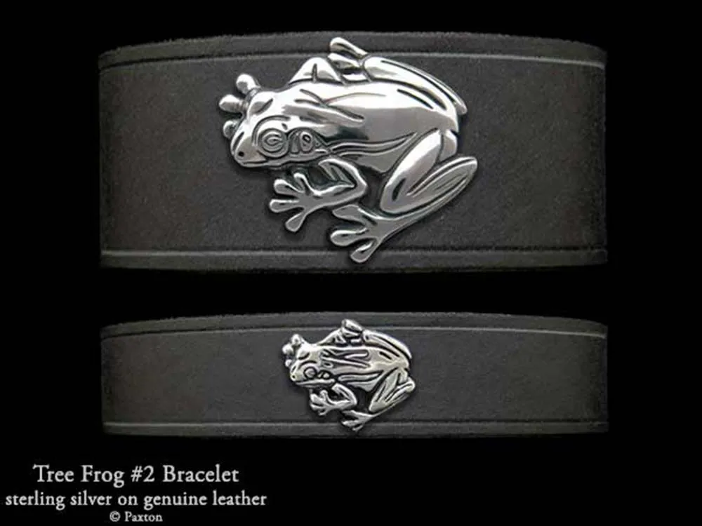 Tree Frog 2 Bracelet Sterling Silver on Genuine Leather