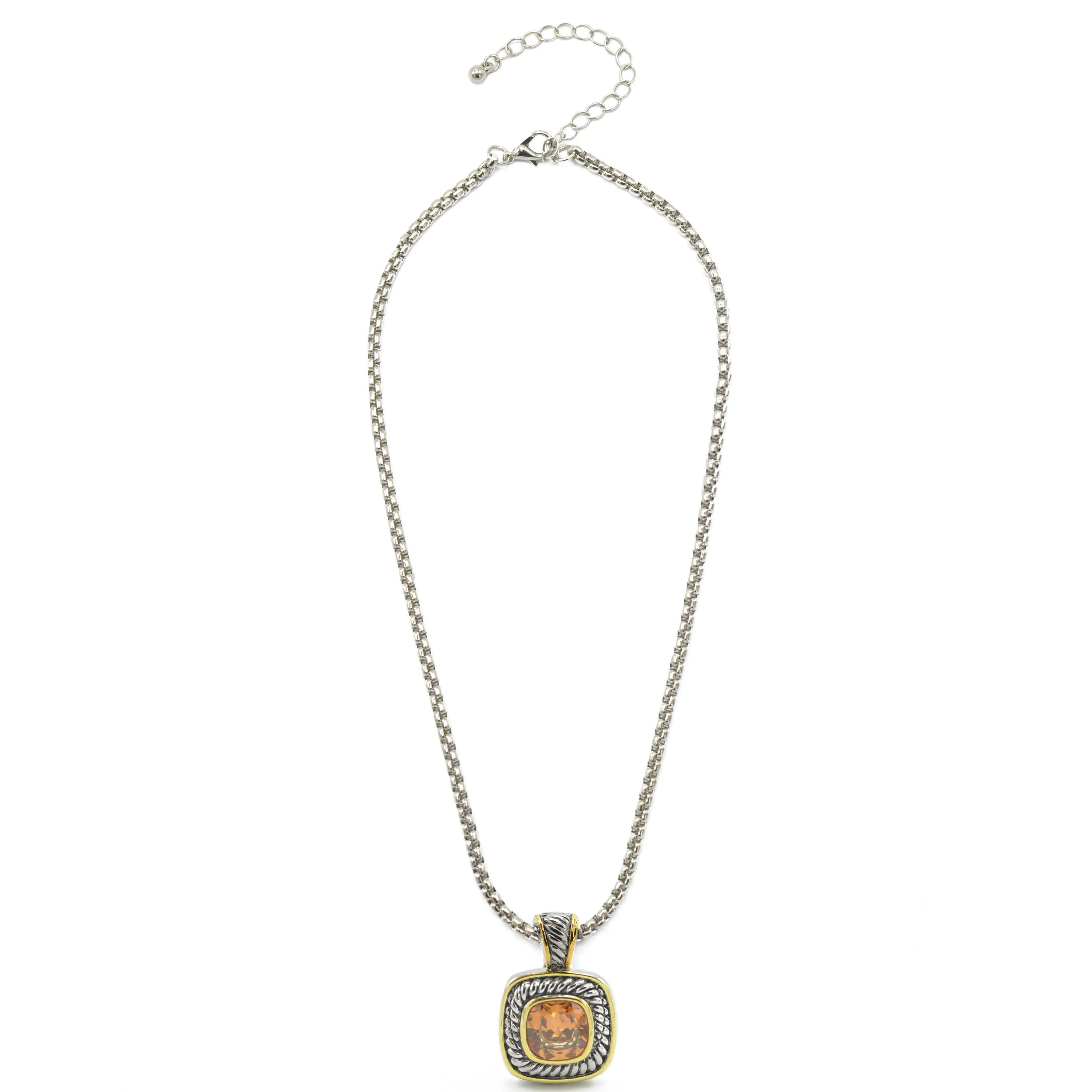 TWO TONE CHAMPAGNE CRYSTAL SQUARE PENDANT BOX CHAIN NECKLACE #73014EH-CHA (FC10)