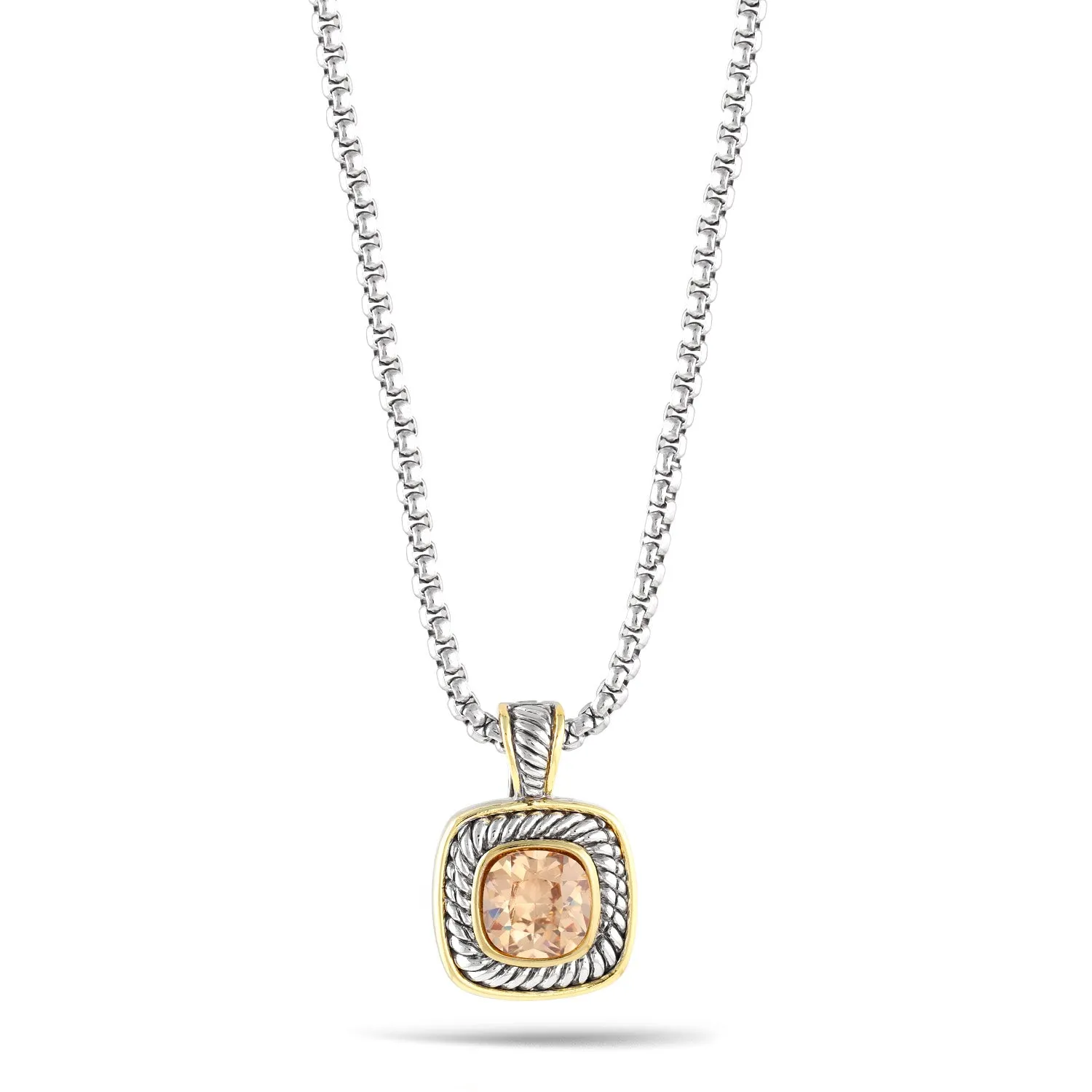 TWO TONE CHAMPAGNE CRYSTAL SQUARE PENDANT BOX CHAIN NECKLACE #73014EH-CHA (FC10)