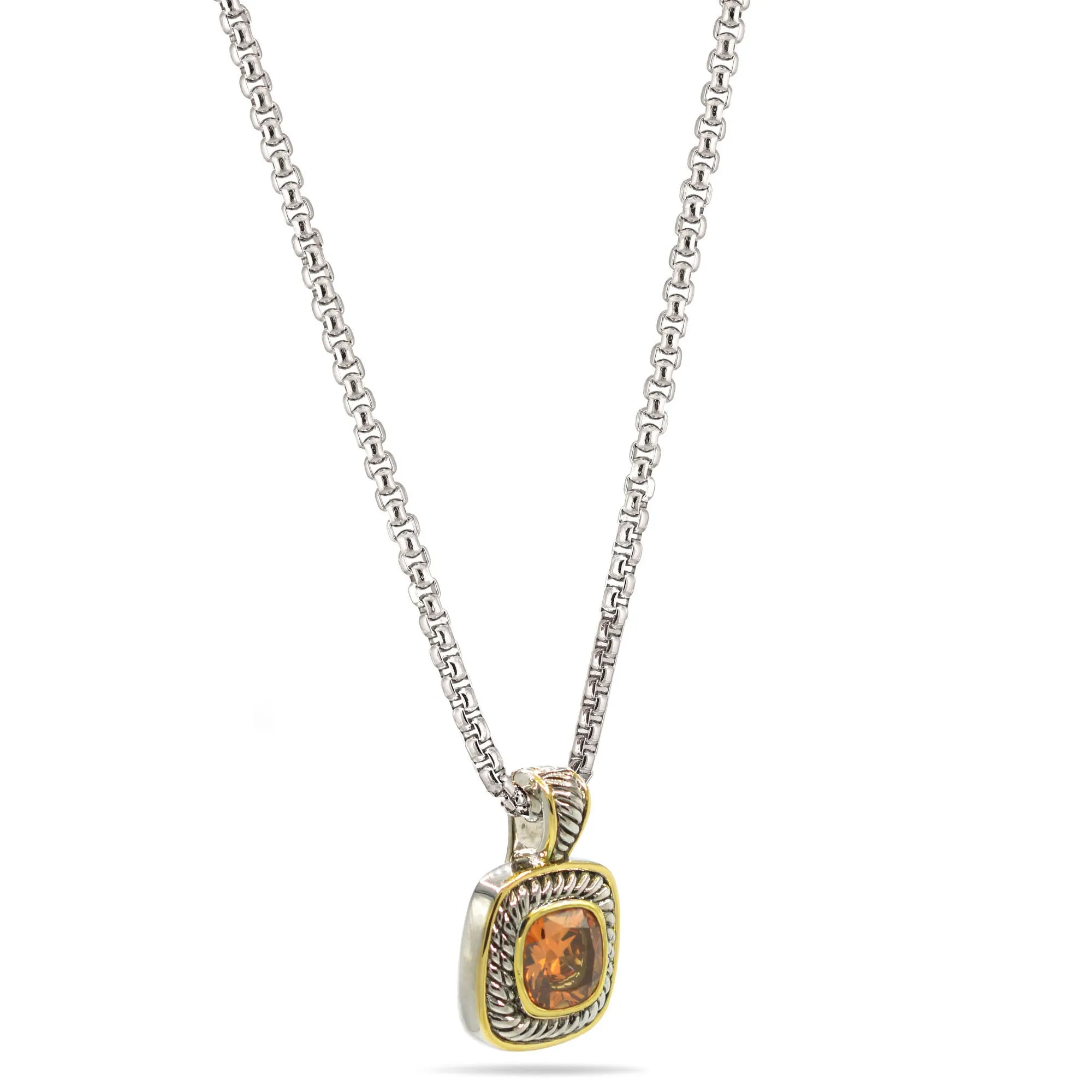 TWO TONE CHAMPAGNE CRYSTAL SQUARE PENDANT BOX CHAIN NECKLACE #73014EH-CHA (FC10)