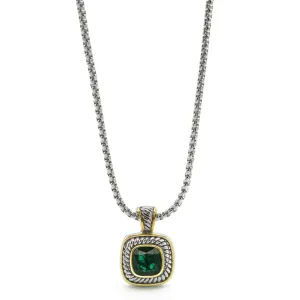 TWO-TONE EMERALD GREEN SQUARE PENDANT BOX CHAIN NECKLACE #73014EH-EGR(FF9)